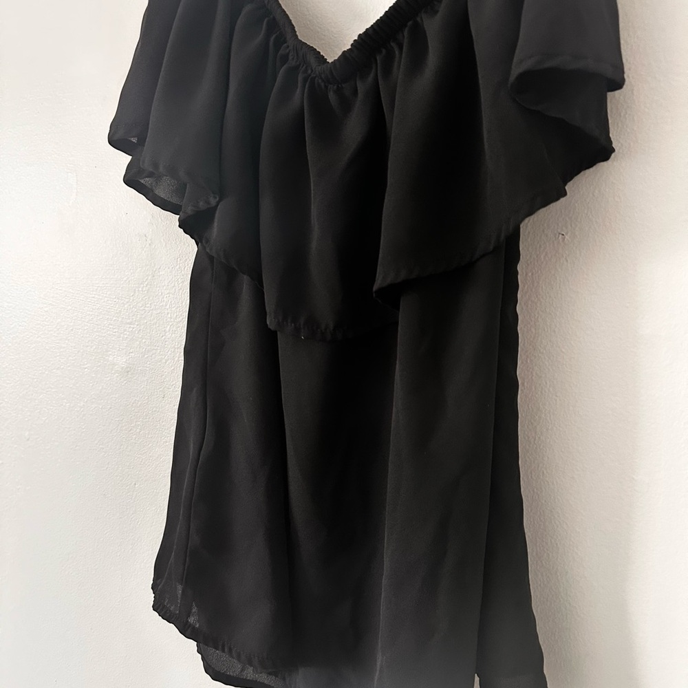 Attention Black Flutter Sleeve Blouse with Ruffled Asymmetrical Design